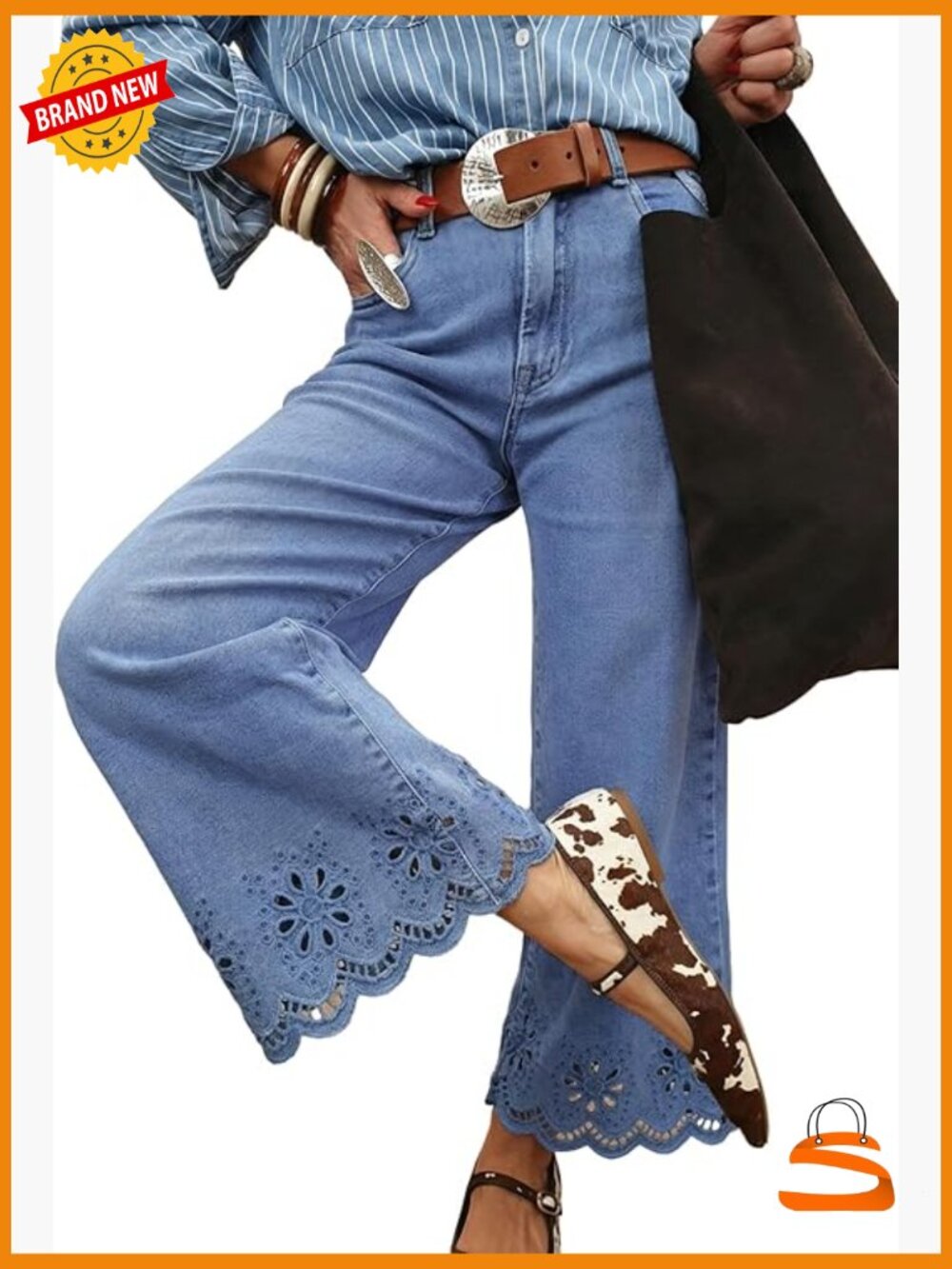 High Waisted Wide Leg Embroidered Jeans Loose Fit Ankle Denim Pants Stretchy